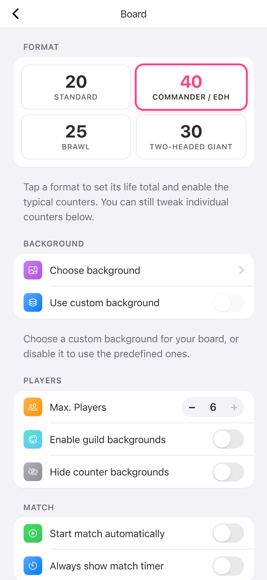 Format presets in English for Standard, Commander, Brawl and Two-Headed Giant.