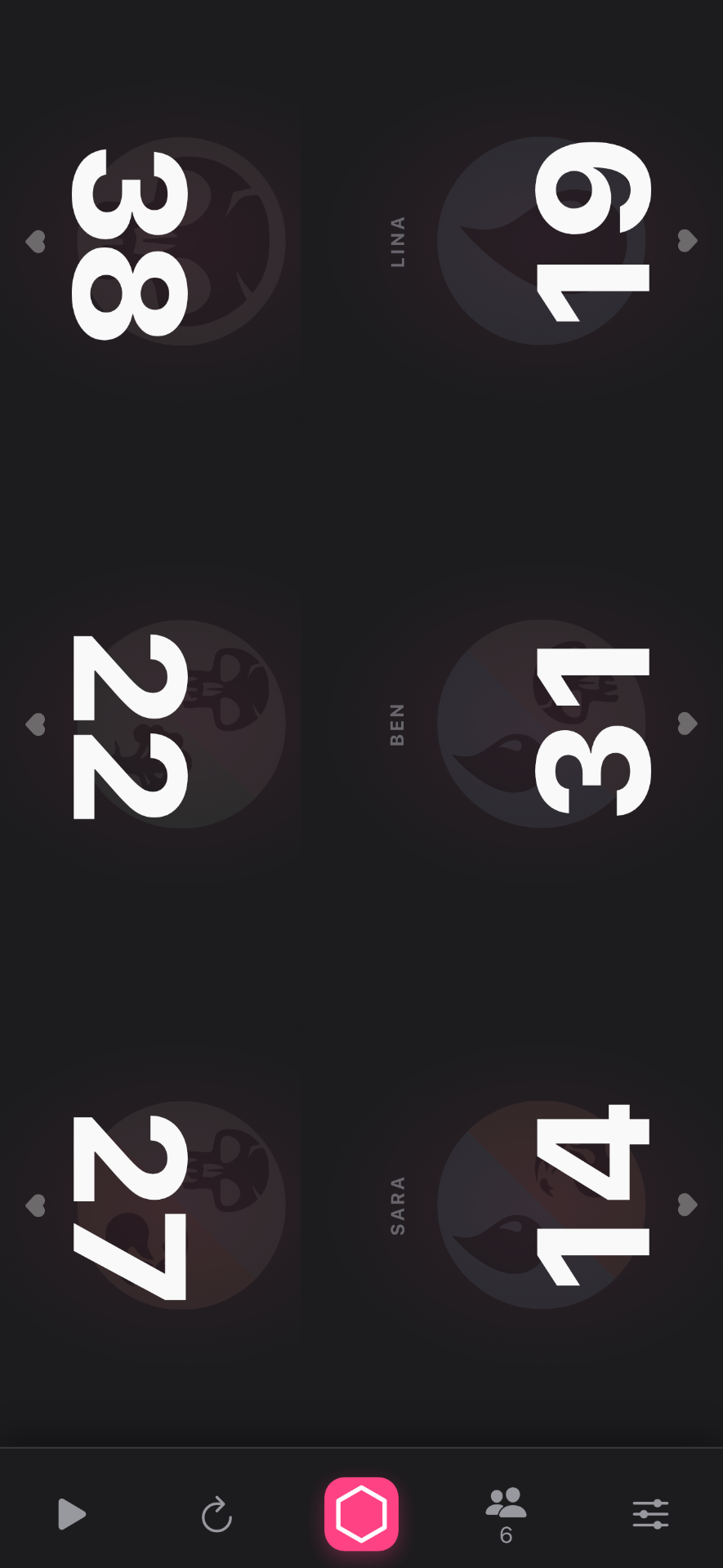 Six-player table layout in the Life Counter app, every seat rotated upright with its own accent colour.